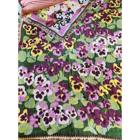 Iconic Purple Pansy Floral Woven Blanket 90s Tapestry Throw 48 in x 74 in Cotton - Picture 4 of 8